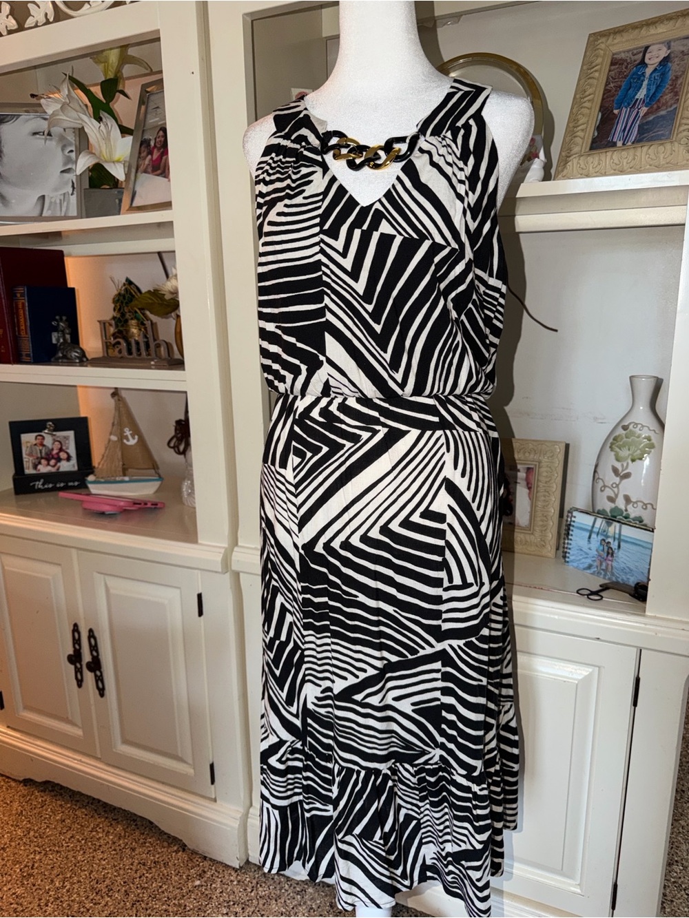 Luxology Black and White Geometric Midi Dress with Chain Detail